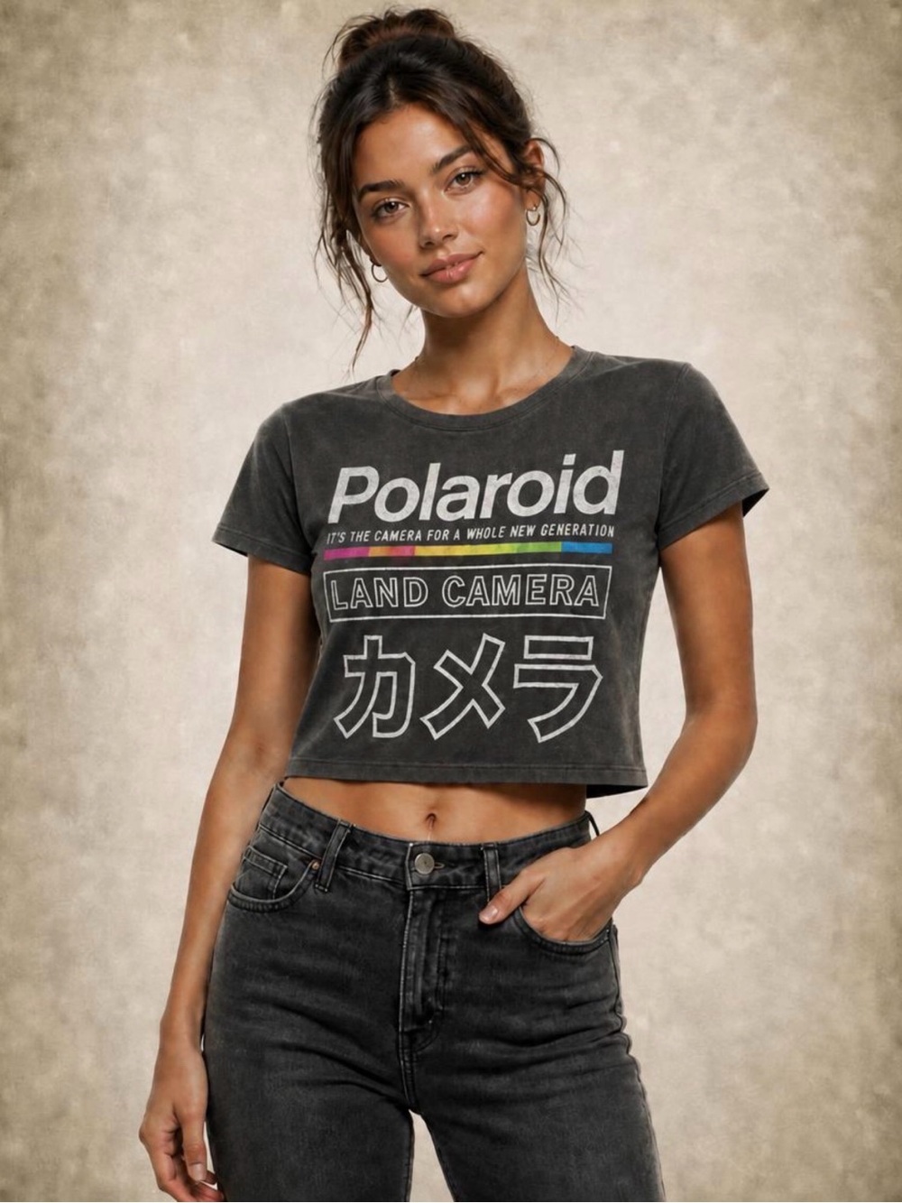 Polaroid Charcoal Cropped Graphic Tee with White Logo